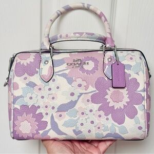 NWT Coach Rowan Satchel Bag With Floral Print In Silver/Ivory Multi Purple CBG82